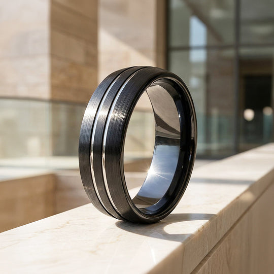 Midnight Edge | Black Brushed Dual Silver Groove Tungsten Carbide | Men&