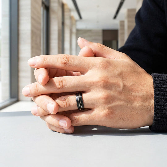 Midnight Edge | Black Brushed Dual Silver Groove Tungsten Carbide | Men&