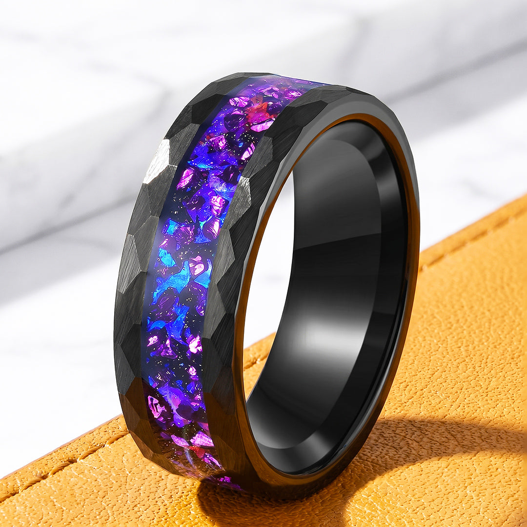 Midnight Prism | Hammered Black Cosmic Purple-Blue Inlay Tungsten Carbide Ring