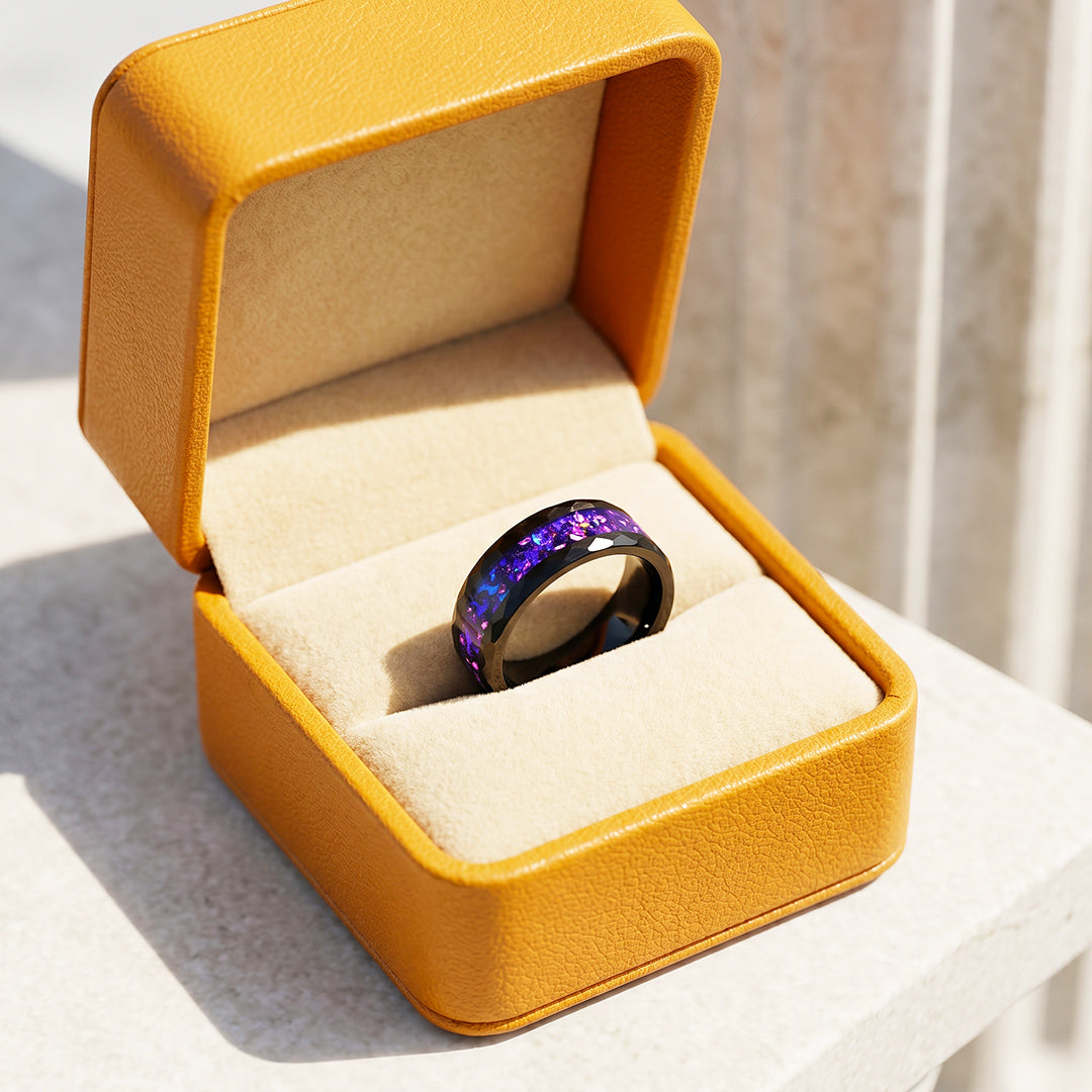 Midnight Prism | Hammered Black Cosmic Purple-Blue Inlay Tungsten Carbide Ring