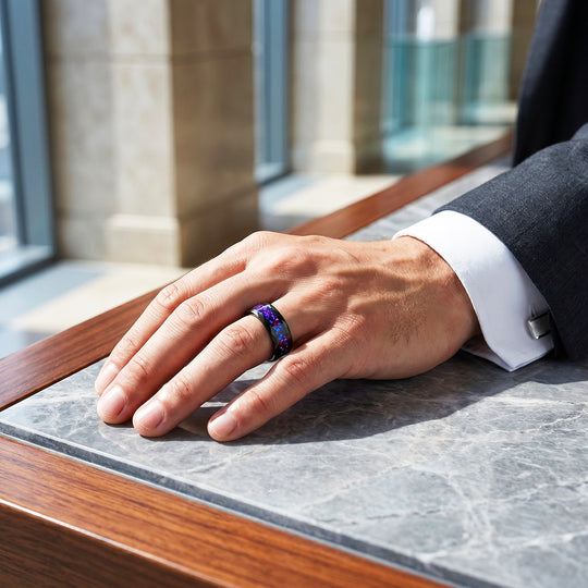 Midnight Prism | Hammered Black Cosmic Purple-Blue Inlay Tungsten Carbide Ring