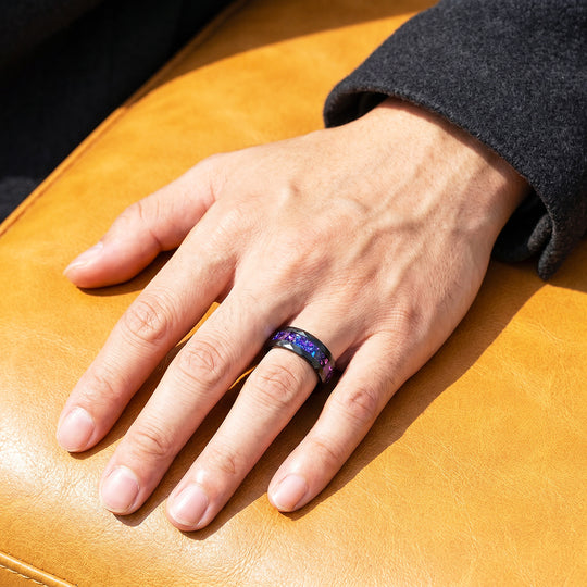 Midnight Prism | Hammered Black Cosmic Purple-Blue Inlay Tungsten Carbide Ring
