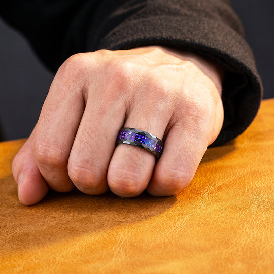 Midnight Prism | Hammered Black Cosmic Purple-Blue Inlay Tungsten Carbide Ring