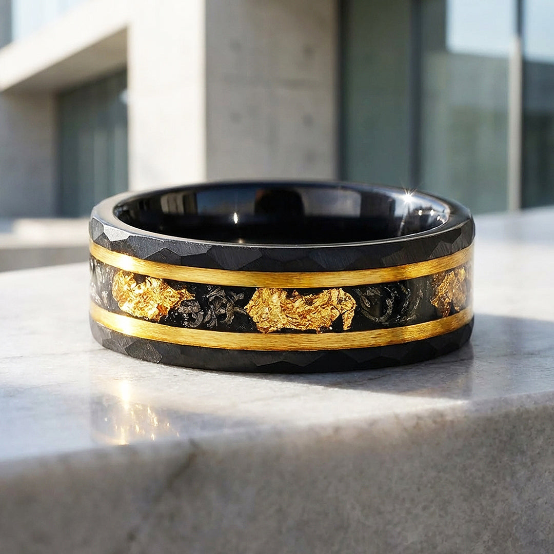 Molten Aurum Hammered Gold Foil Inlay Black Tungsten Carbide Ring