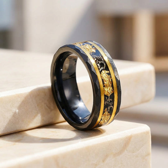 Molten Aurum Hammered Gold Foil Inlay Black Tungsten Carbide Ring