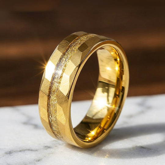 Molten Gold Hammered Gold Foil Inlay Tungsten Carbide Ring - Ring | Singapore Jewellery, Wedding Rings &amp; Gifts | Same Day Delivery | Tiara.com.sg