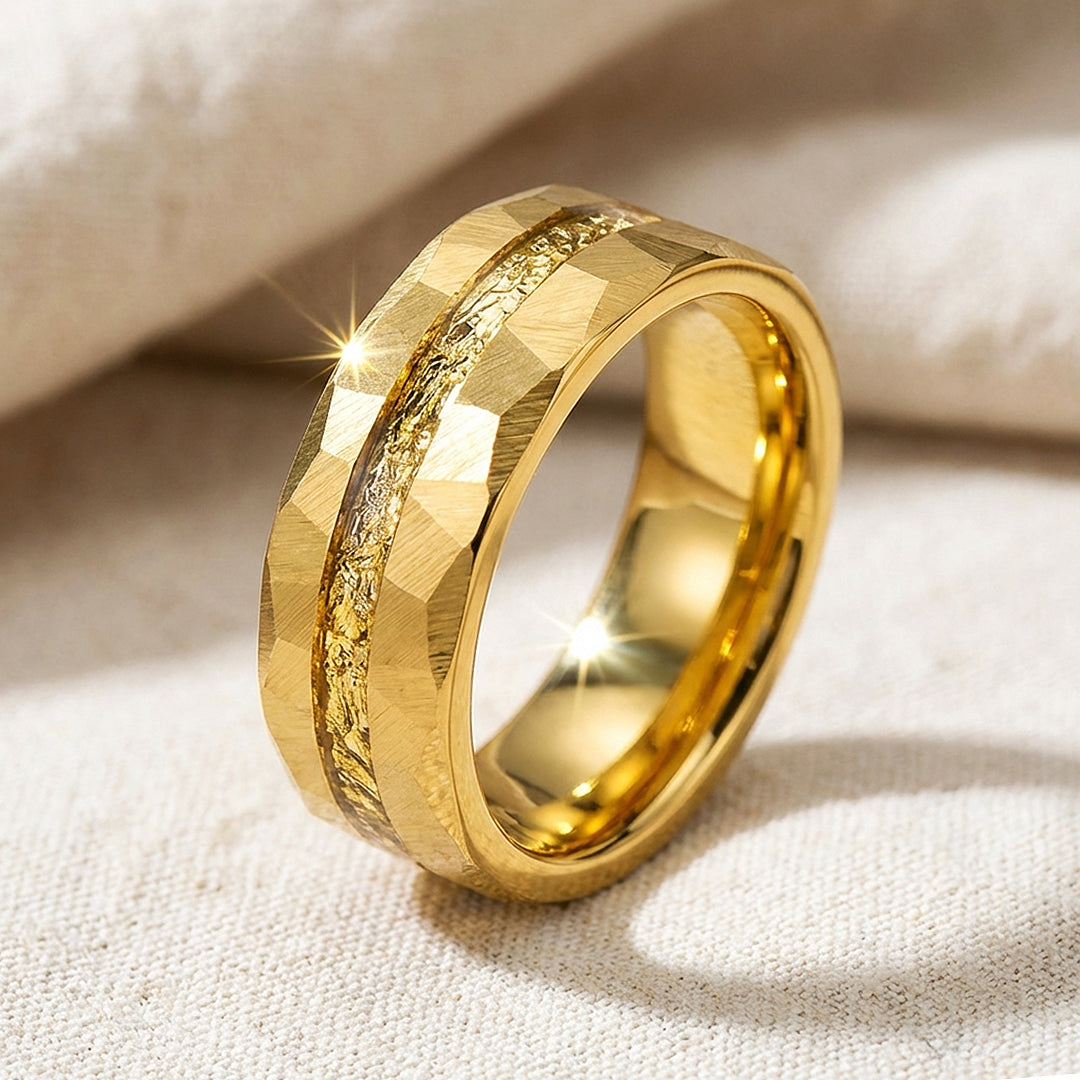 Molten Gold Hammered Gold Foil Inlay Tungsten Carbide Ring - Ring | Singapore Jewellery, Wedding Rings &amp; Gifts | Same Day Delivery | Tiara.com.sg