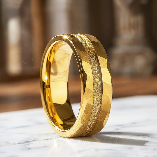 Molten Gold Hammered Gold Foil Inlay Tungsten Carbide Ring - Ring | Singapore Jewellery, Wedding Rings &amp; Gifts | Same Day Delivery | Tiara.com.sg