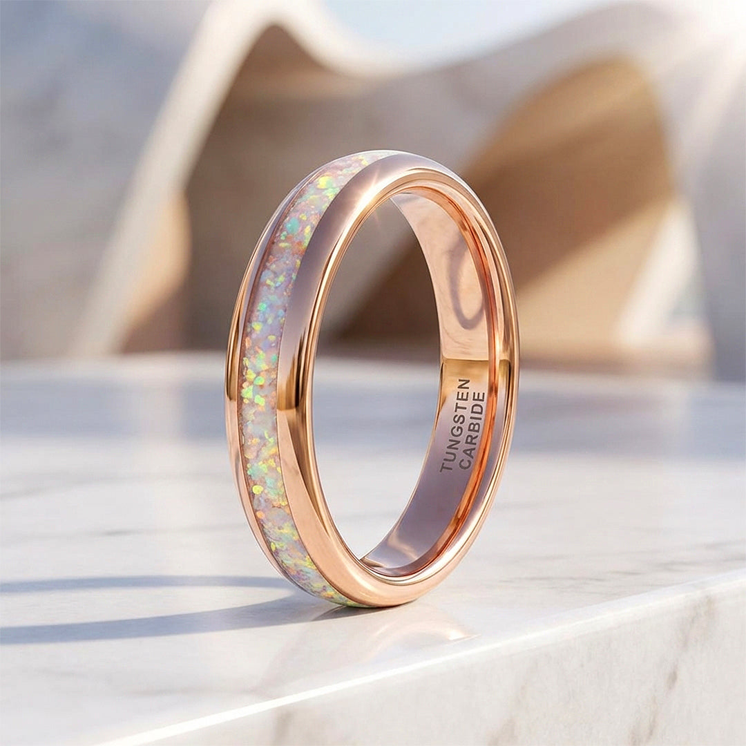 Opaline Rose Polished White Opal Inlay Rose Gold Tungsten Carbide Ring ...