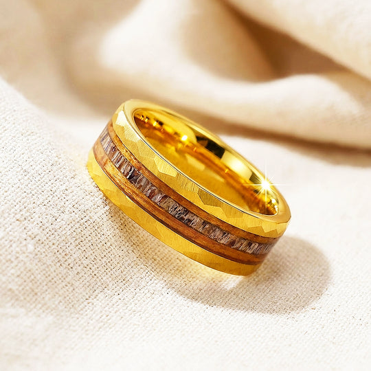 Ore Gold Hammered Wood Antler Inlay Tungsten Carbide Ring - Ring | Singapore Jewellery, Wedding Rings &amp; Gifts | Same Day Delivery | Tiara.com.sg