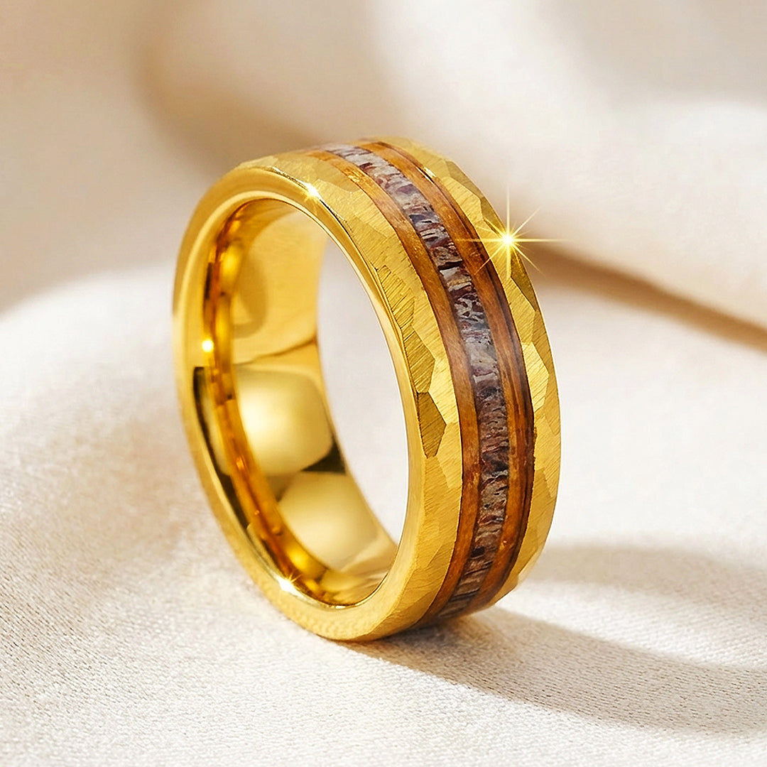 Ore Gold Hammered Wood Antler Inlay Tungsten Carbide Ring - Ring | Singapore Jewellery, Wedding Rings &amp; Gifts | Same Day Delivery | Tiara.com.sg