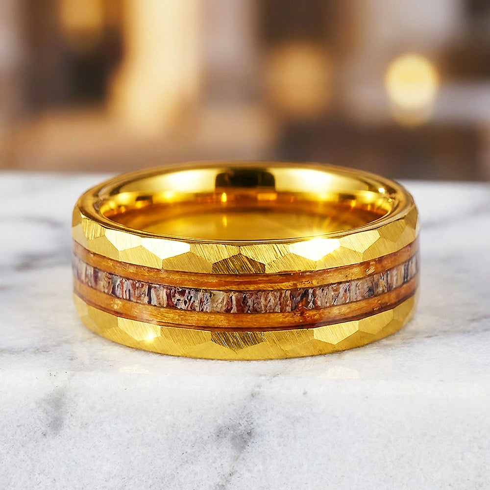 Ore Gold Hammered Wood Antler Inlay Tungsten Carbide Ring