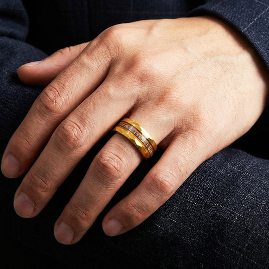 Ore Gold Hammered Wood Antler Inlay Tungsten Carbide Ring - Ring | Singapore Jewellery, Wedding Rings &amp; Gifts | Same Day Delivery | Tiara.com.sg
