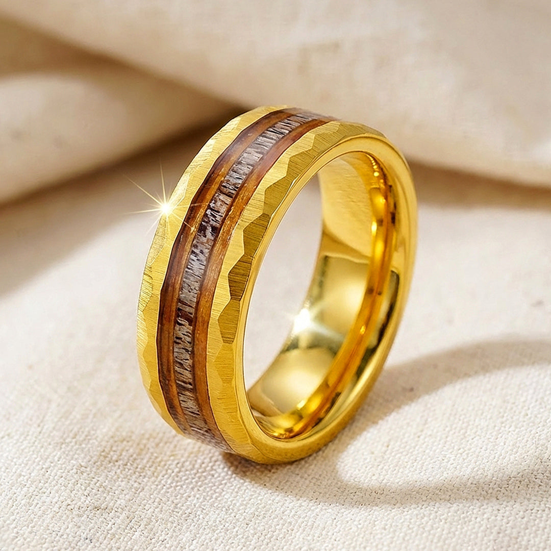 Ore Gold Hammered Wood Antler Inlay Tungsten Carbide Ring - Ring | Singapore Jewellery, Wedding Rings &amp; Gifts | Same Day Delivery | Tiara.com.sg