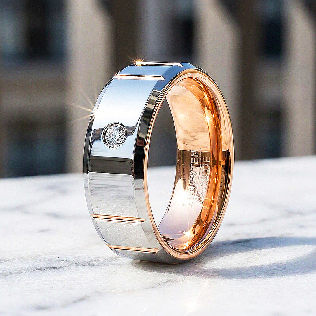 Orvion Rose Gold Solitaire Diamond Simulant Tungsten Carbide Ring - Ring | Singapore Jewellery, Wedding Rings & Gifts | Same Day Delivery | Tiara.com.sg