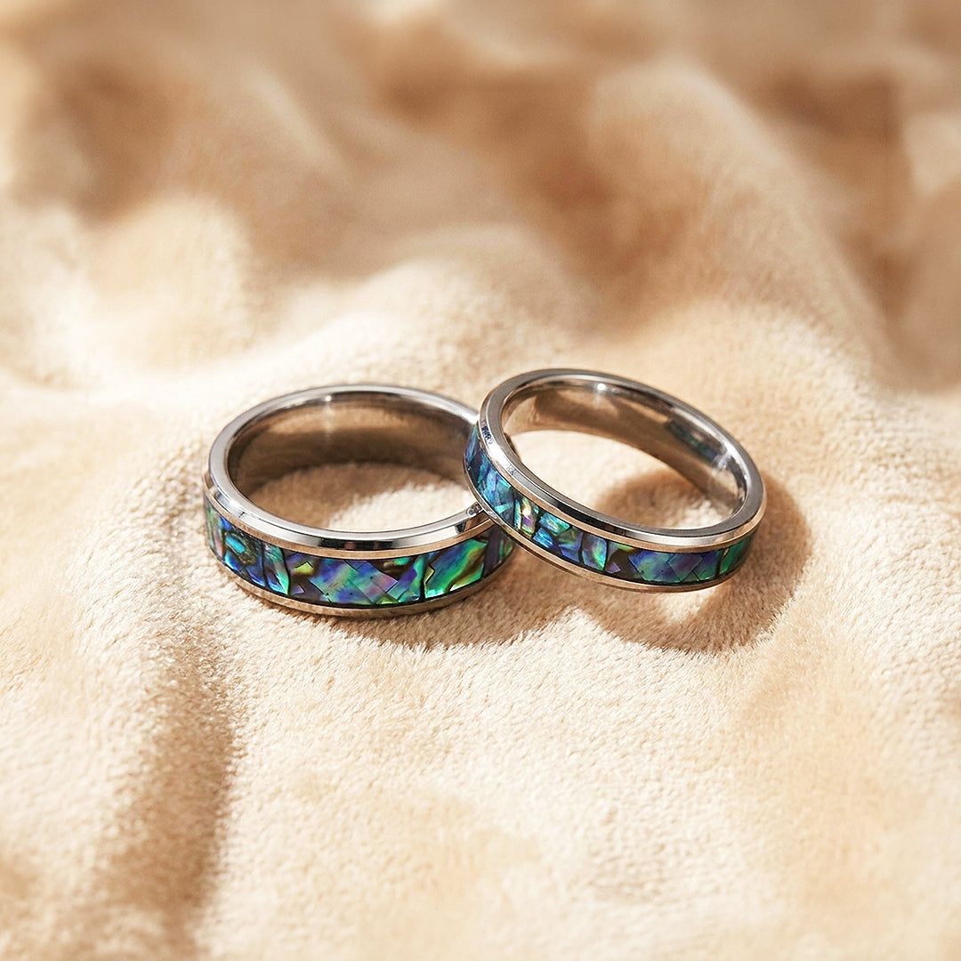 Pacific Reef | Abalone Shell Tungsten Couple Rings | Wedding Bands