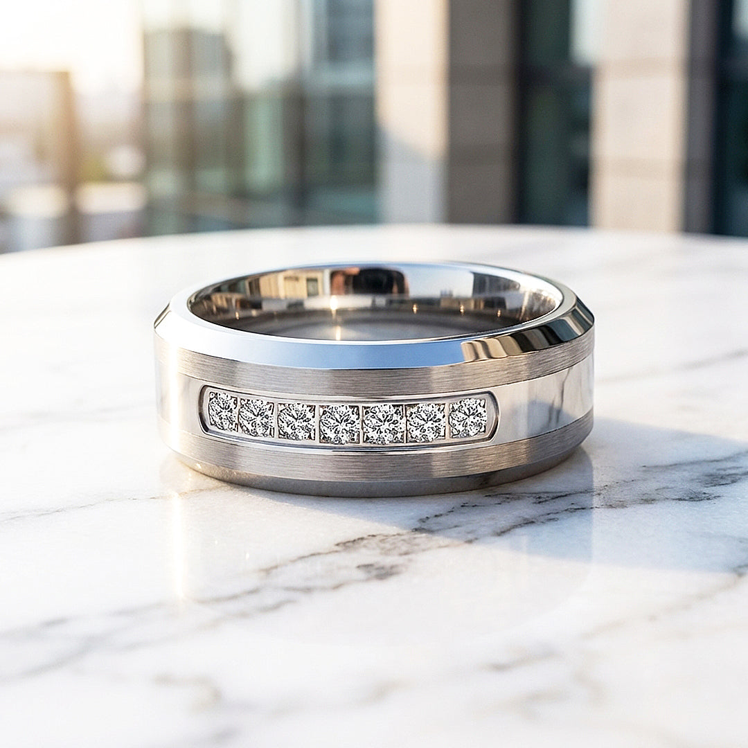 Paxton Brushed Diamond Simulant Tungsten Carbide Ring - Ring | Singapore Jewellery, Wedding Rings &amp; Gifts | Same Day Delivery | Tiara.com.sg