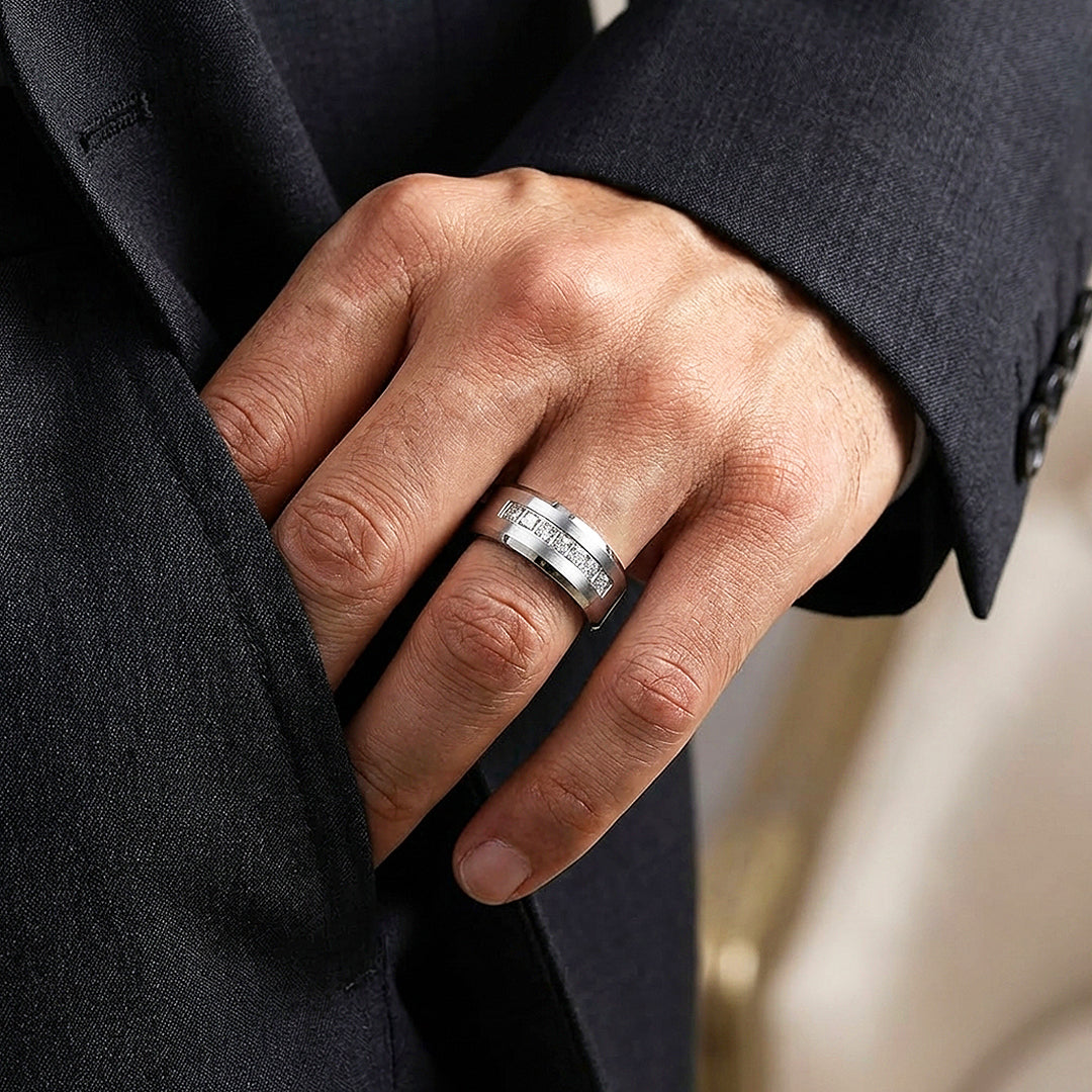 Paxton Brushed Diamond Simulant Tungsten Carbide Ring - Ring | Singapore Jewellery, Wedding Rings &amp; Gifts | Same Day Delivery | Tiara.com.sg