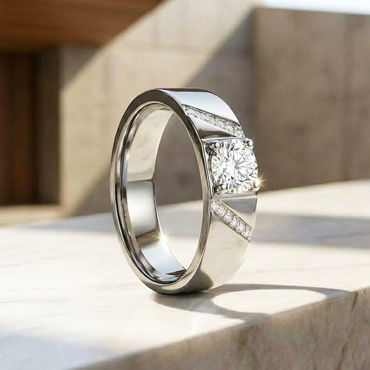 Solitaire Chevron Moissanite Men Ring | 925 Sterling Silver | PRM1006