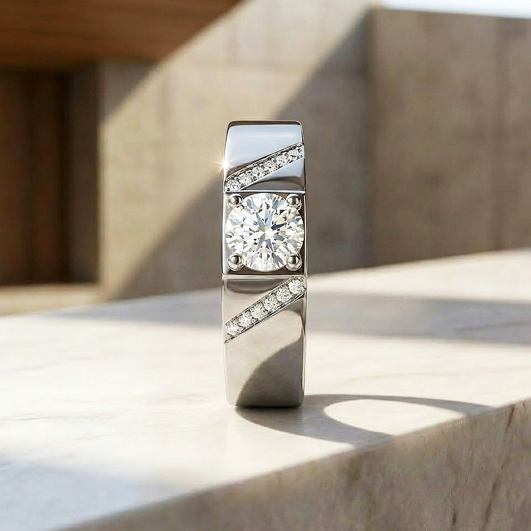 Solitaire Chevron Moissanite Men Ring | 925 Sterling Silver | PRM1006