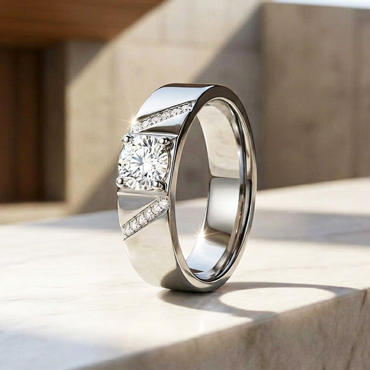 Solitaire Chevron Moissanite Men Ring | 925 Sterling Silver | PRM1006