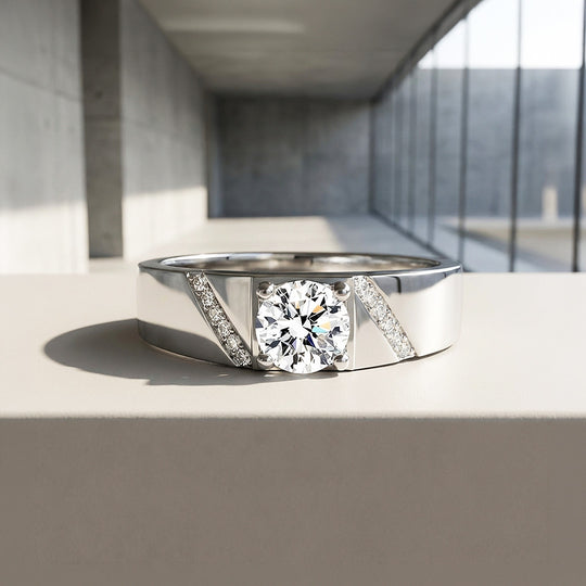 Solitaire Chevron Moissanite Men Ring | 925 Sterling Silver | PRM1006