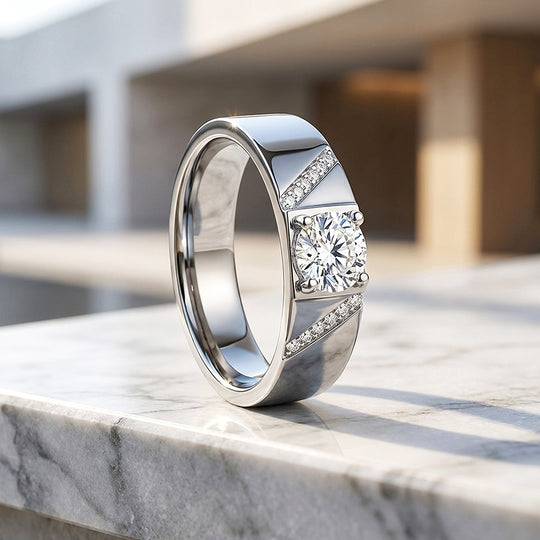 Solitaire Chevron Moissanite Men Ring | 925 Sterling Silver | PRM1006