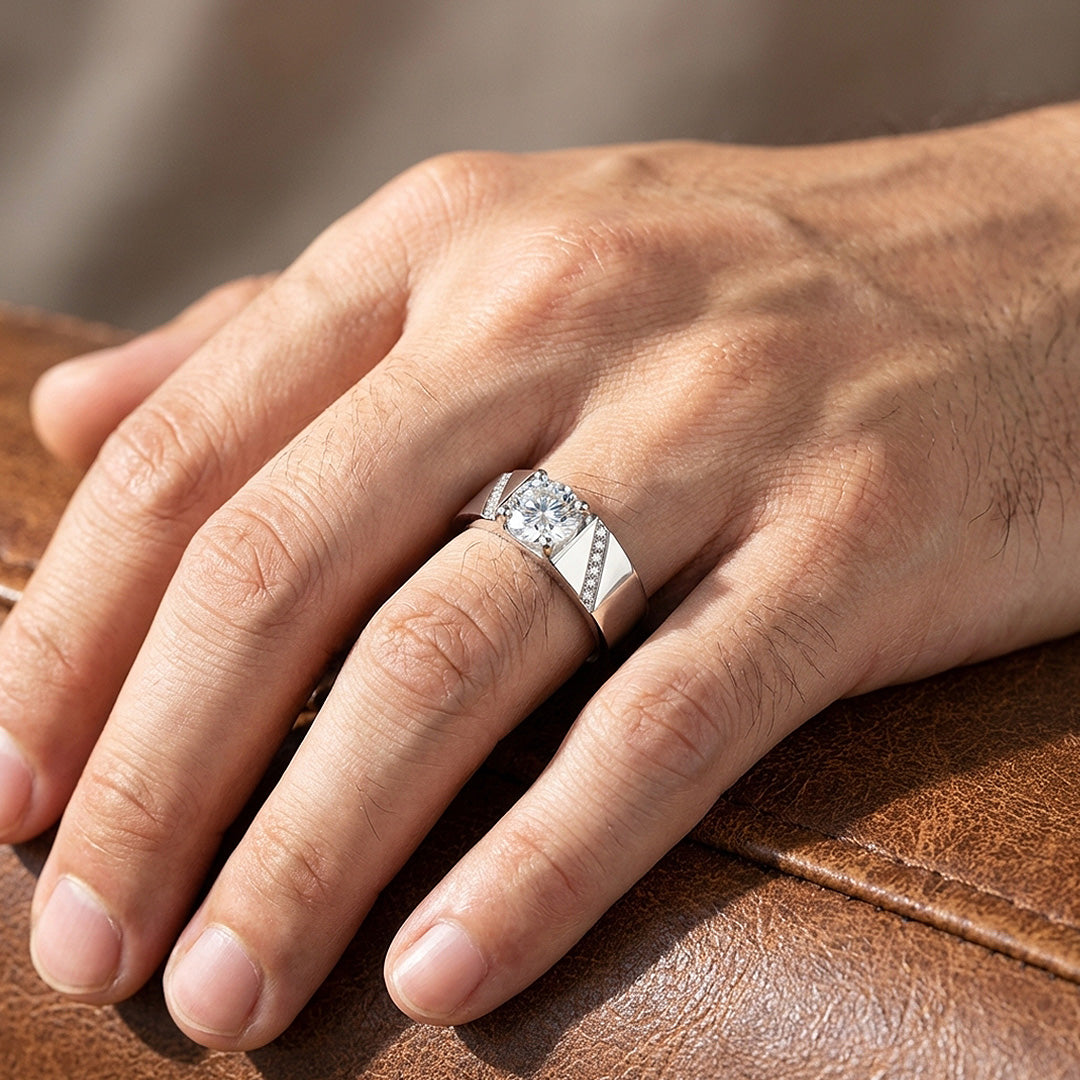 Solitaire Chevron Moissanite Men Ring | 925 Sterling Silver | PRM1006