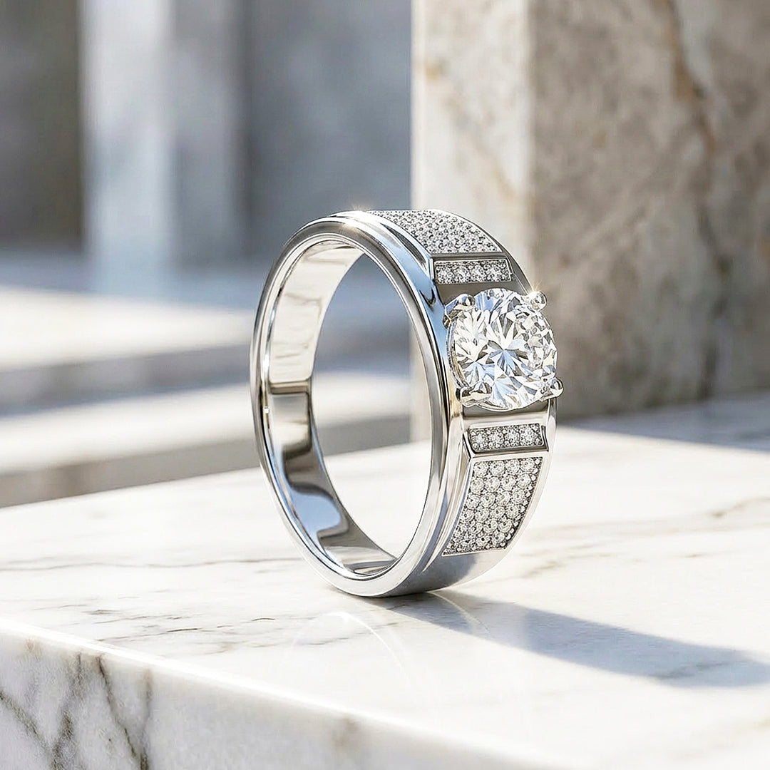 Solitaire Pavé Panel Moissanite Men Ring | 925 Sterling Silver | PRM1008