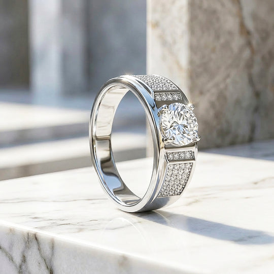 Solitaire Pavé Panel Moissanite Men Ring | 925 Sterling Silver | PRM1008