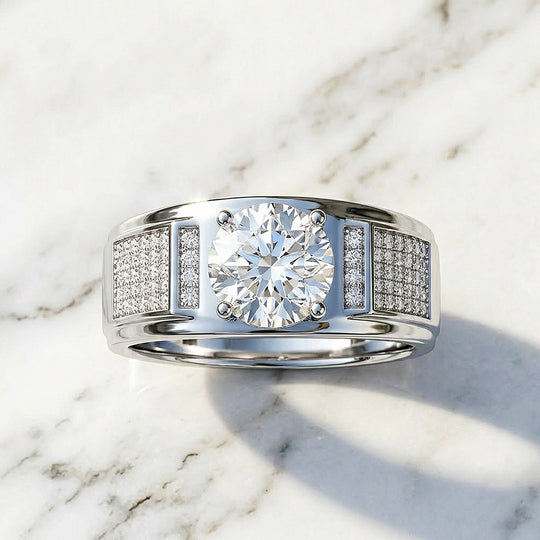 Solitaire Pavé Panel Moissanite Men Ring | 925 Sterling Silver | PRM1008