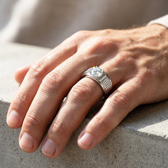 Solitaire Pavé Panel Moissanite Men Ring | 925 Sterling Silver | PRM1008