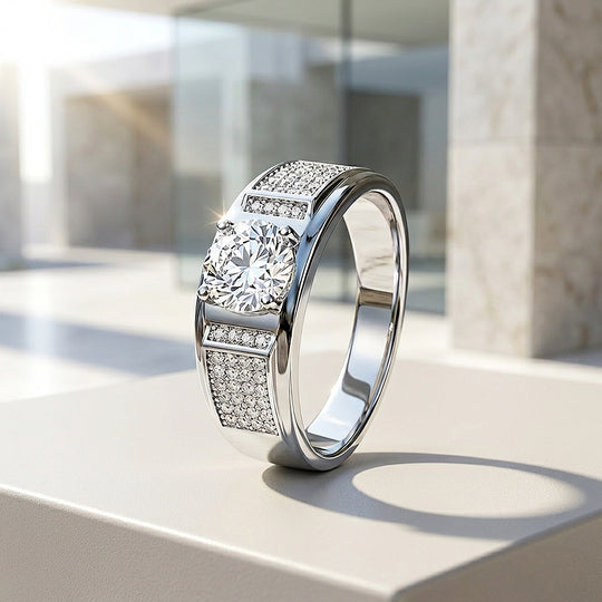 Solitaire Pavé Panel Moissanite Men Ring | 925 Sterling Silver | PRM1008