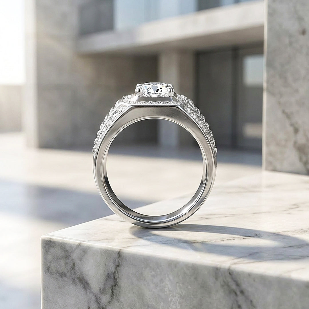 Halo Baguette Moissanite Men Ring | 925 Sterling Silver | PRM1009