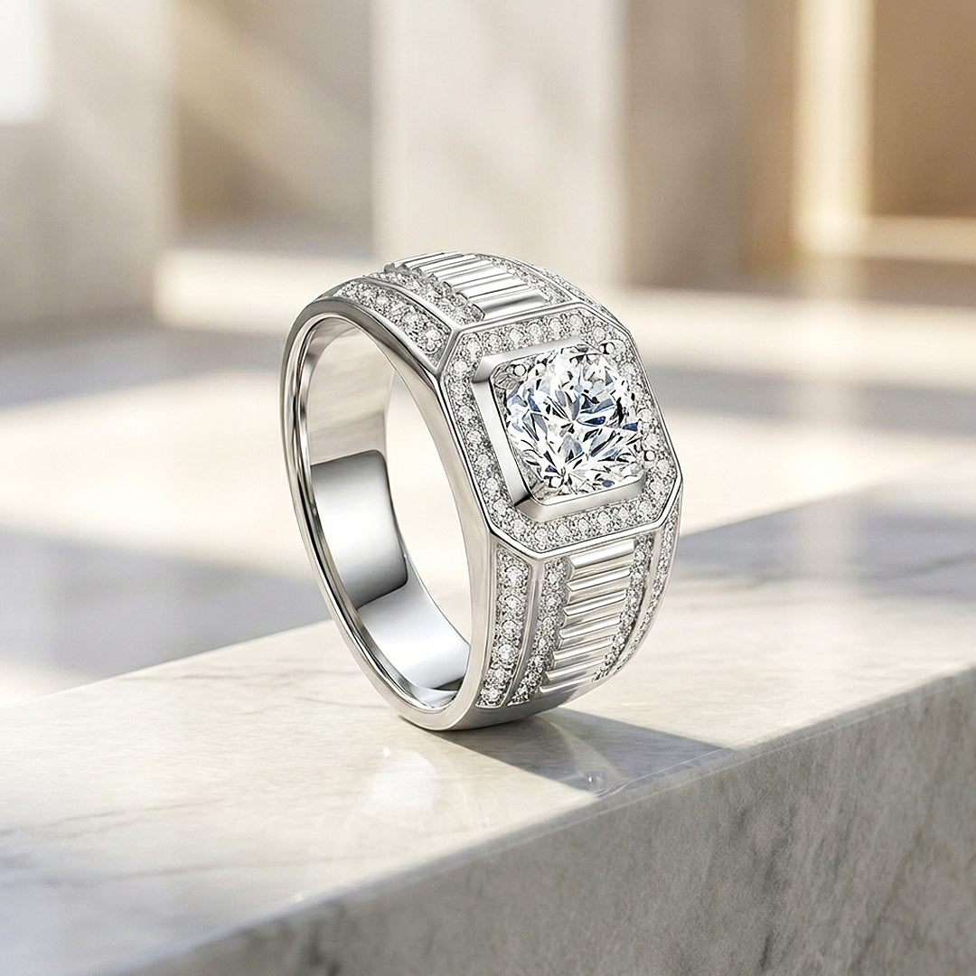 Halo Baguette Moissanite Men Ring | 925 Sterling Silver | PRM1009