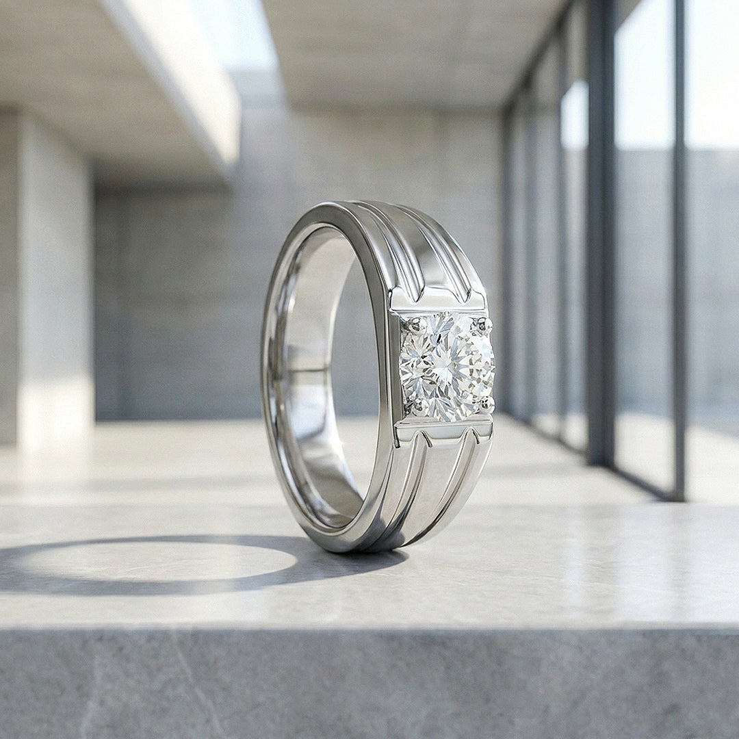 Ridged Solitaire Moissanite Men Ring | 925 Sterling Silver | PRM1010