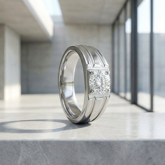 Ridged Solitaire Moissanite Men Ring | 925 Sterling Silver | PRM1010