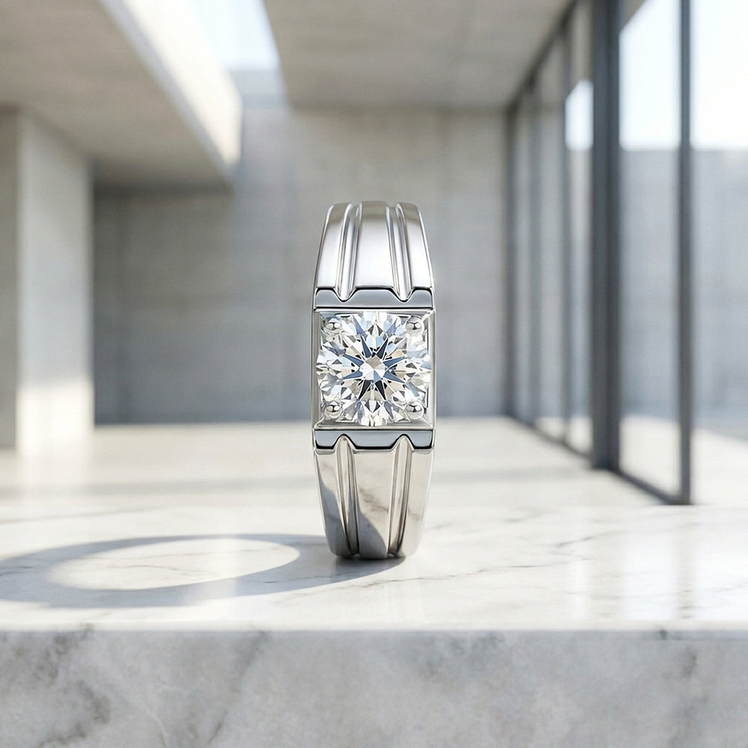 Ridged Solitaire Moissanite Men Ring | 925 Sterling Silver | PRM1010