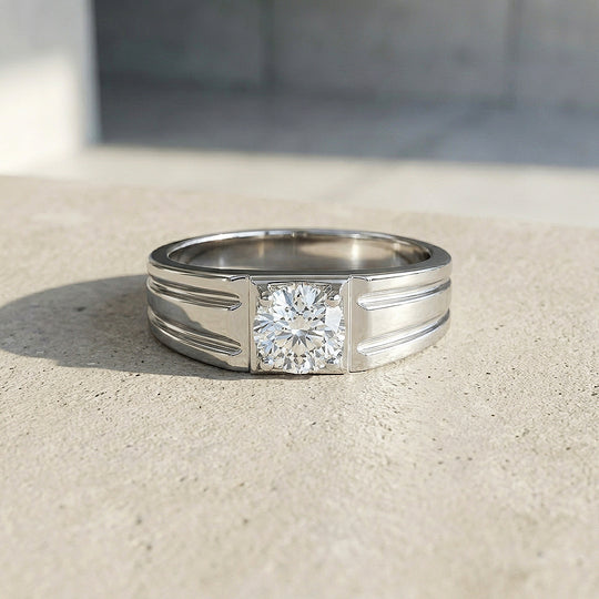 Ridged Solitaire Moissanite Men Ring | 925 Sterling Silver | PRM1010