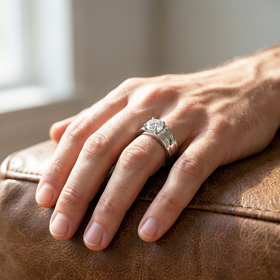 Ridged Solitaire Moissanite Men Ring | 925 Sterling Silver | PRM1010