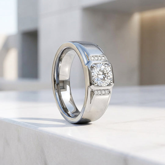 Square Bezel Solitaire Moissanite Men Ring | 925 Sterling Silver | PRM1011