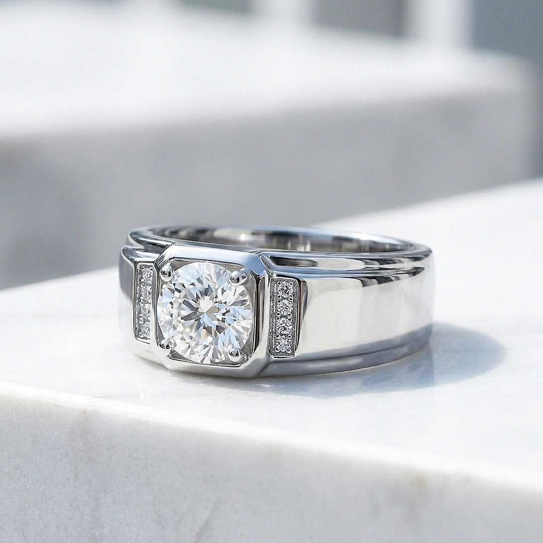 Square Bezel Solitaire Moissanite Men Ring | 925 Sterling Silver | PRM1011