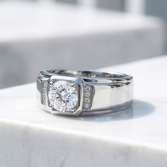 Square Bezel Solitaire Moissanite Men Ring | 925 Sterling Silver | PRM1011