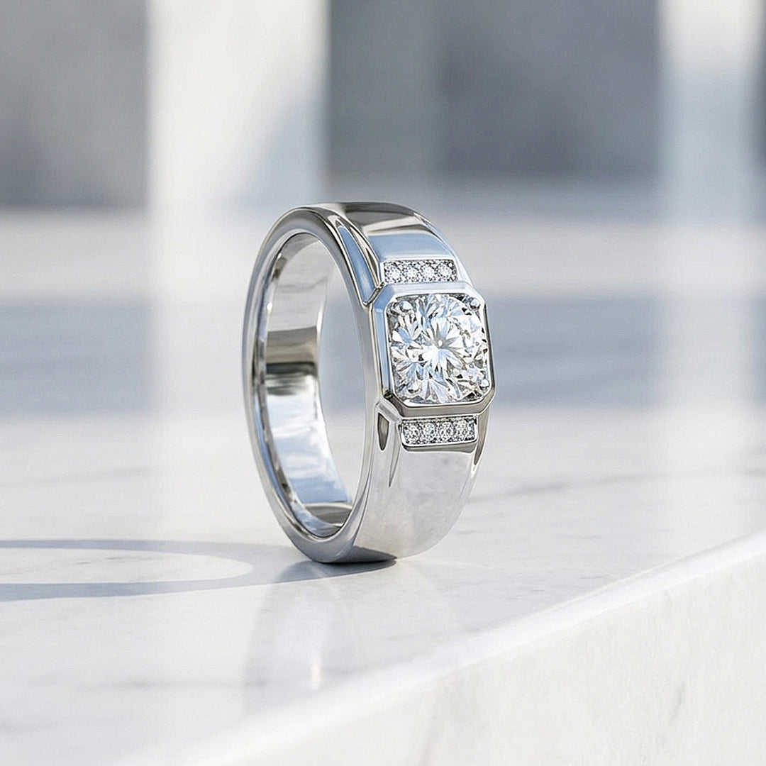 Square Bezel Solitaire Moissanite Men Ring | 925 Sterling Silver | PRM1011