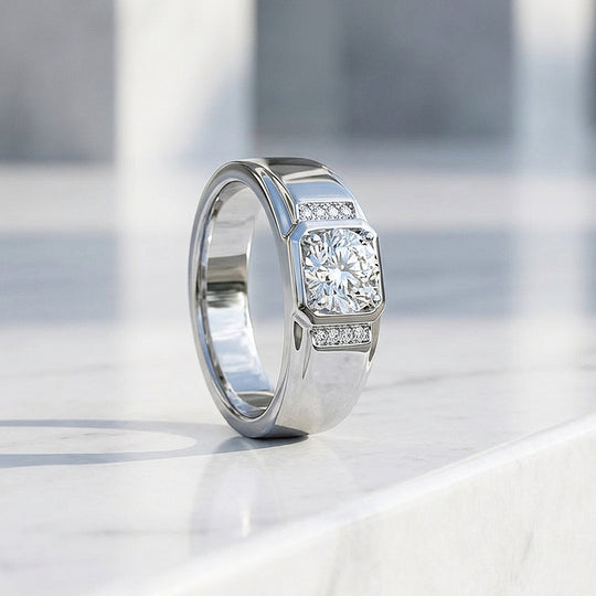 Square Bezel Solitaire Moissanite Men Ring | 925 Sterling Silver | PRM1011