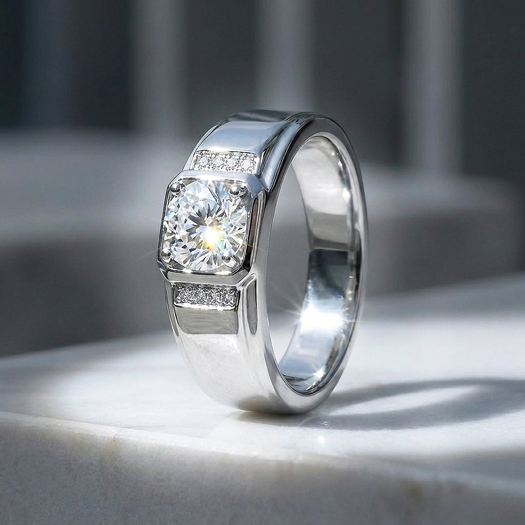 Square Bezel Solitaire Moissanite Men Ring | 925 Sterling Silver | PRM1011
