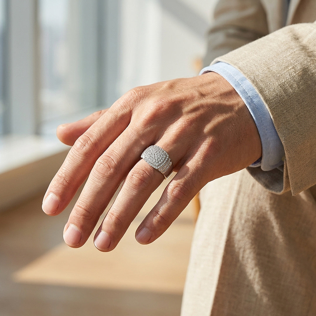 Iced Cushion Moissanite Men Ring | 925 Sterling Silver | PRM1018
