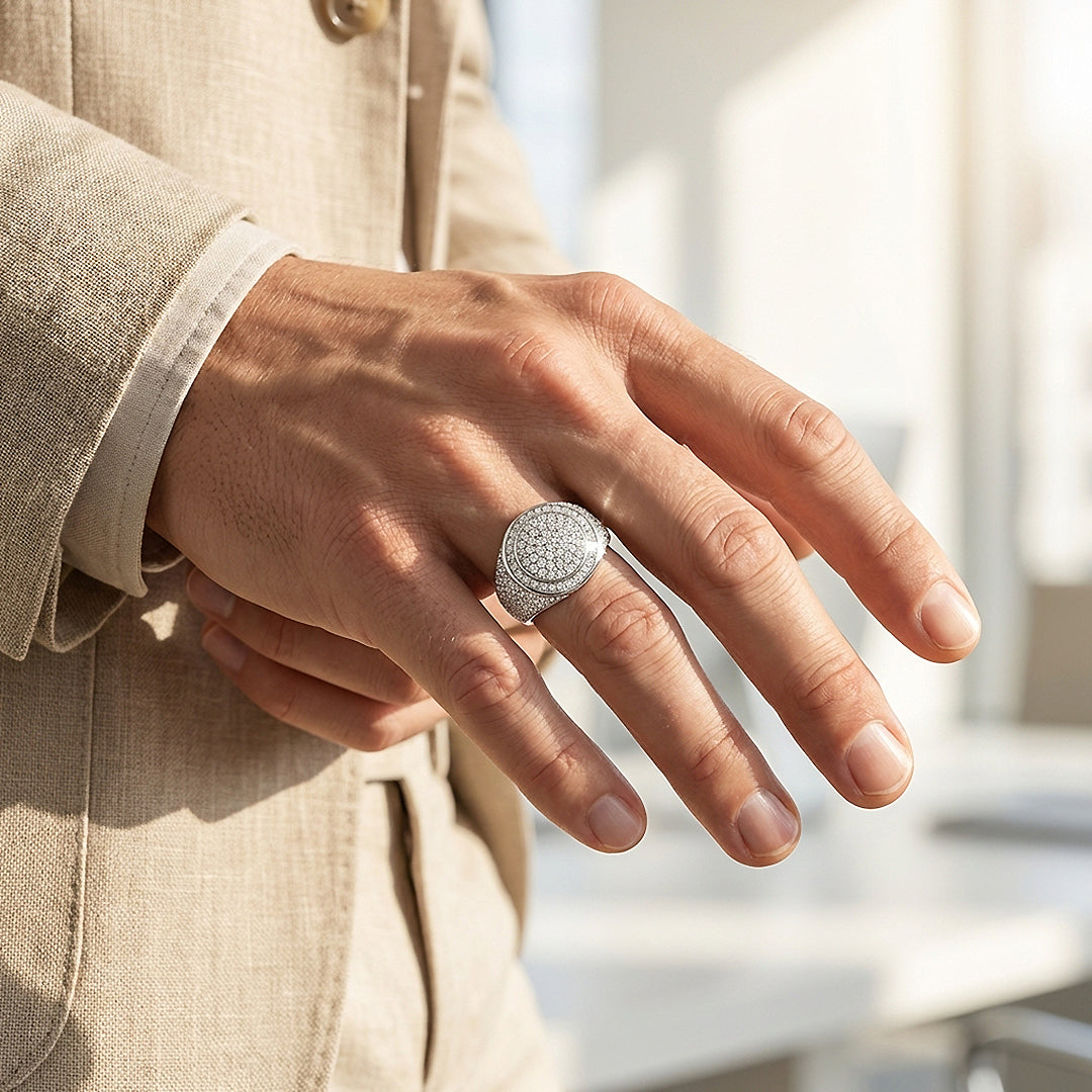 Iced Dome Signet Moissanite Men Ring | 925 Sterling Silver | PRM1019