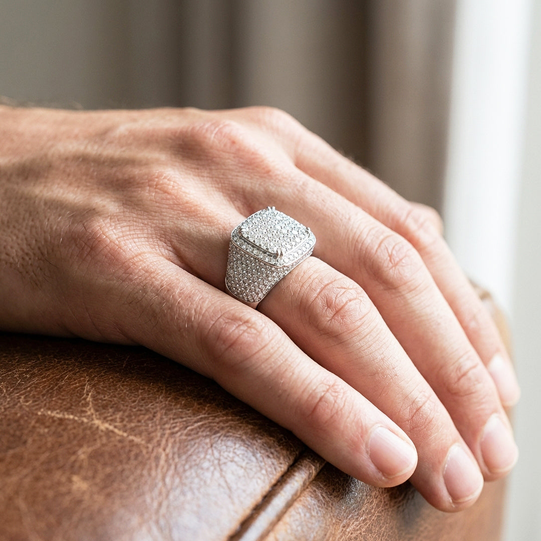 Iced Signet Moissanite Men Ring | 925 Sterling Silver | PRM1020