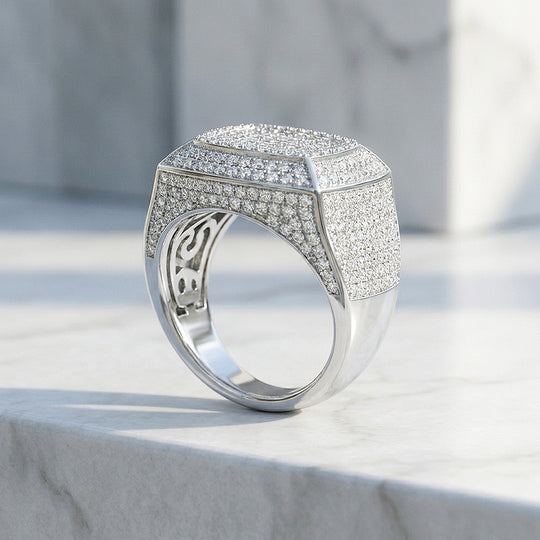 Iced Cushion Signet Moissanite Men Ring | 925 Sterling Silver | PRM1022